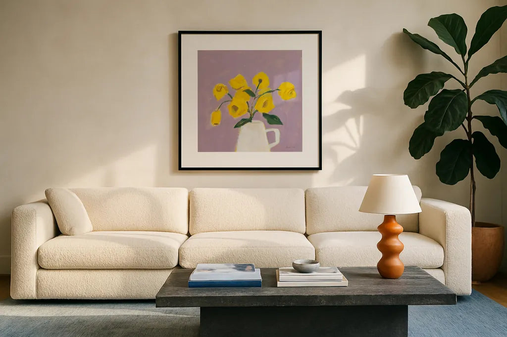 Sweet Yellow by Pamela Munger. Displayed in a glass frame with matte in a clean modern living room. Available as an archival giclee rolled canvas, fine art paper, or poster print. SKU 79316a.