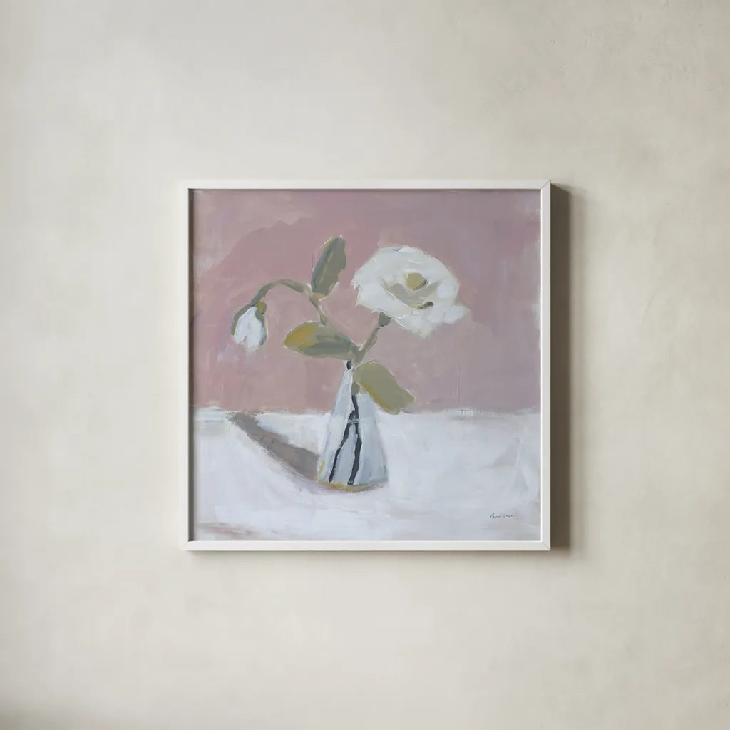 Two White by Pamela Munger. Shown in a crisp white glass frame for a clean and minimalist style. Available as an archival giclee rolled canvas, fine art paper, or poster print. SKU 95382a.