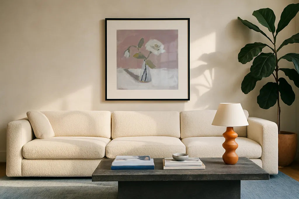 Two White by Pamela Munger. Displayed in a glass frame with matte in a clean modern living room. Available as an archival giclee rolled canvas, fine art paper, or poster print. SKU 95382a.
