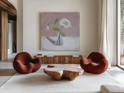Two White by Pamela Munger. Shown as extra-large giant wall art in a modern living room. Available as an archival giclee rolled canvas, fine art paper, or poster print. SKU 95382a.
