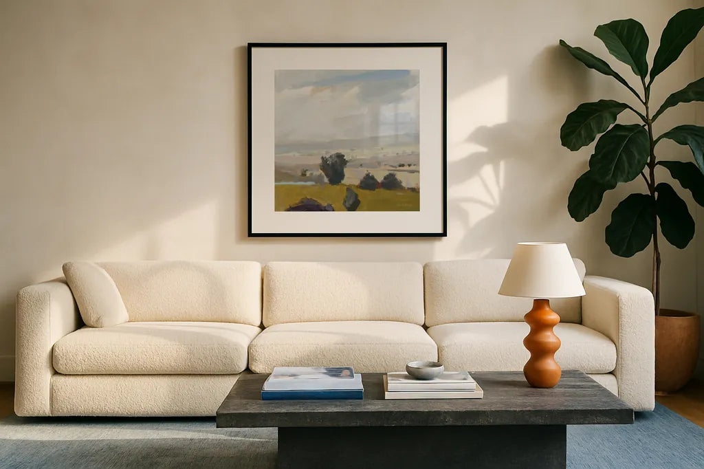 View of the Valley by Pamela Munger. Displayed in a glass frame with matte in a clean modern living room. Available as an archival giclee rolled canvas, fine art paper, or poster print. SKU 68959a.