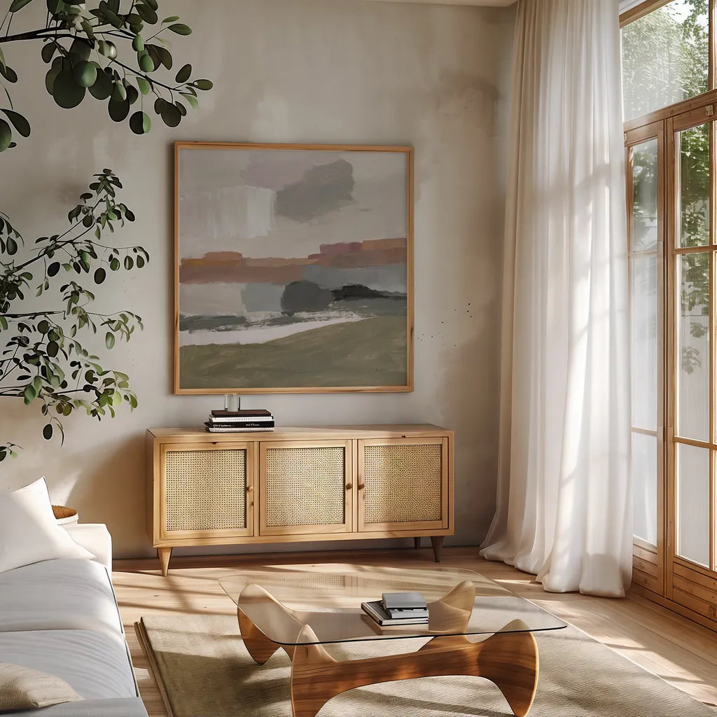 Westward by Pamela Munger. Shown in a natural wood frame in a cozy modern living room. Available as an archival giclee rolled canvas, fine art paper, or poster print. SKU 94185a.