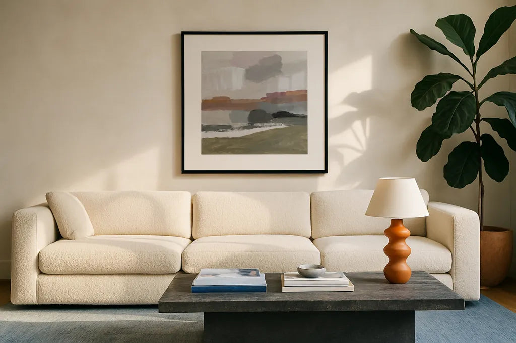 Westward by Pamela Munger. Displayed in a glass frame with matte in a clean modern living room. Available as an archival giclee rolled canvas, fine art paper, or poster print. SKU 94185a.