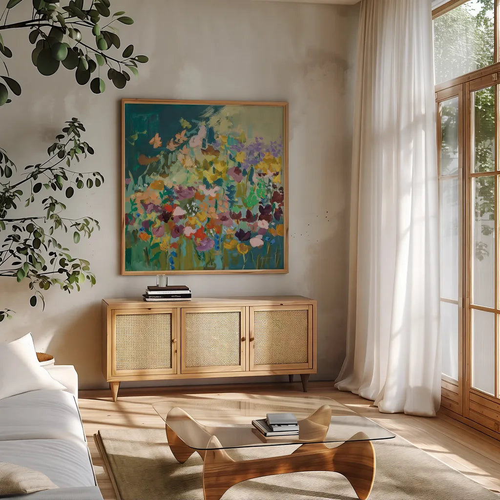Wildflowers by Pamela Munger. Shown in a natural wood frame in a cozy modern living room. Available as an archival giclee rolled canvas, fine art paper, or poster print. SKU 85511a.