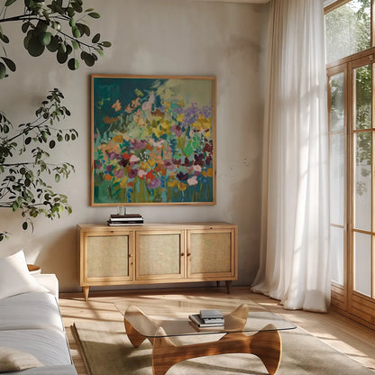 Wildflowers by Pamela Munger. Shown in a natural wood frame in a cozy modern living room. Available as an archival giclee rolled canvas, fine art paper, or poster print. SKU 85511a.