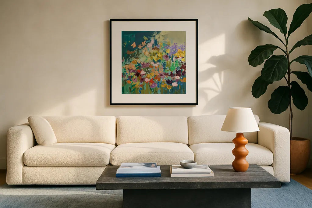 Wildflowers by Pamela Munger. Displayed in a glass frame with matte in a clean modern living room. Available as an archival giclee rolled canvas, fine art paper, or poster print. SKU 85511a.