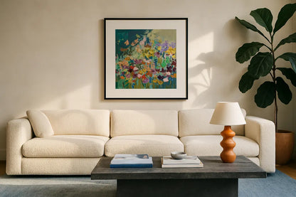 Wildflowers by Pamela Munger. Displayed in a glass frame with matte in a clean modern living room. Available as an archival giclee rolled canvas, fine art paper, or poster print. SKU 85511a.