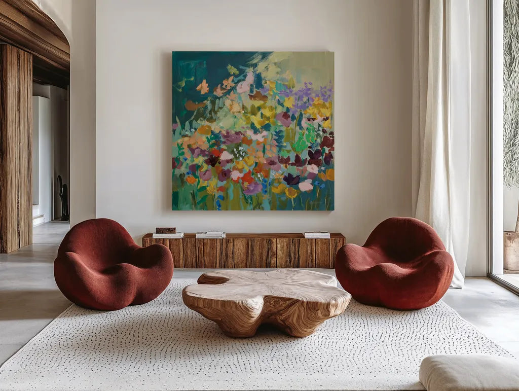 Wildflowers by Pamela Munger. Shown as extra-large giant wall art in a modern living room. Available as an archival giclee rolled canvas, fine art paper, or poster print. SKU 85511a.