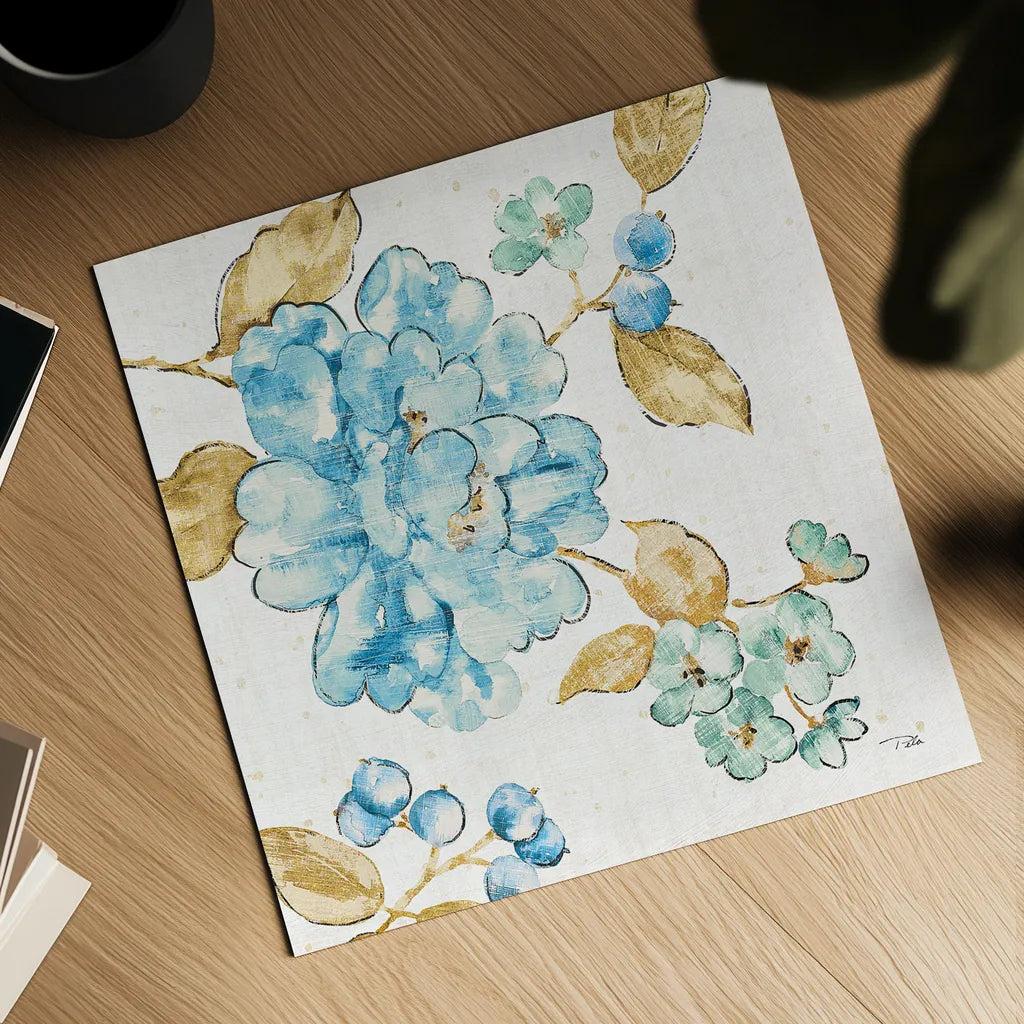 Blue Blossom II by Pela. Shown as a detailed flat fine art print, highlighting archival giclee quality. Available as an archival giclee rolled canvas, fine art paper, or poster print. SKU 29960a.