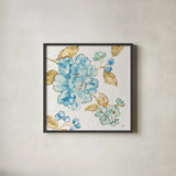Blue Blossom II by Pela. Shown in a sleek black glass frame for a contemporary gallery look. Available as an archival giclee rolled canvas, fine art paper, or poster print. SKU 29960a.