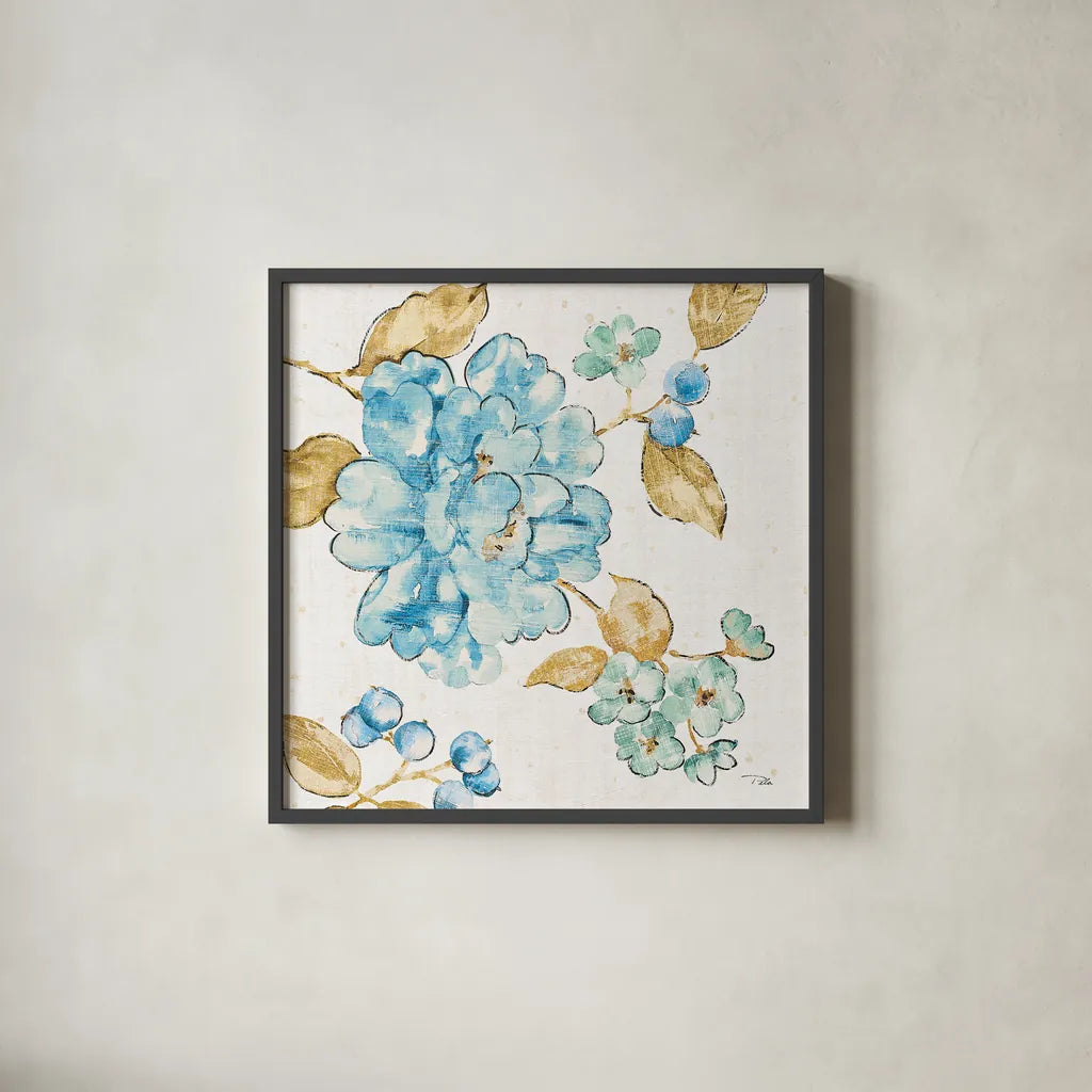 Blue Blossom II by Pela. Shown in a sleek black glass frame for a contemporary gallery look. Available as an archival giclee rolled canvas, fine art paper, or poster print. SKU 29960a.