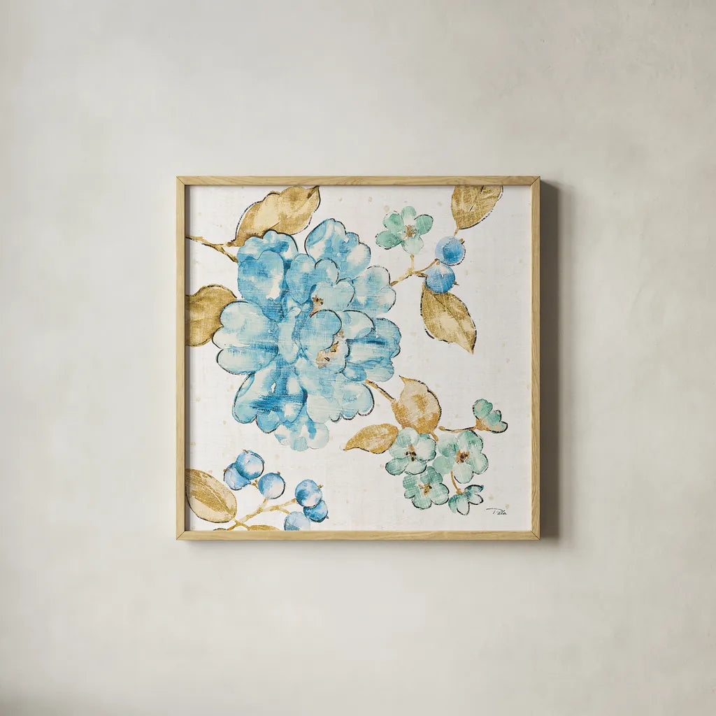 Blue Blossom II by Pela. Shown in a natural wood glass frame for a timeless modern aesthetic. Available as an archival giclee rolled canvas, fine art paper, or poster print. SKU 29960a.