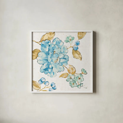 Blue Blossom II by Pela. Shown in a crisp white glass frame for a clean and minimalist style. Available as an archival giclee rolled canvas, fine art paper, or poster print. SKU 29960a.