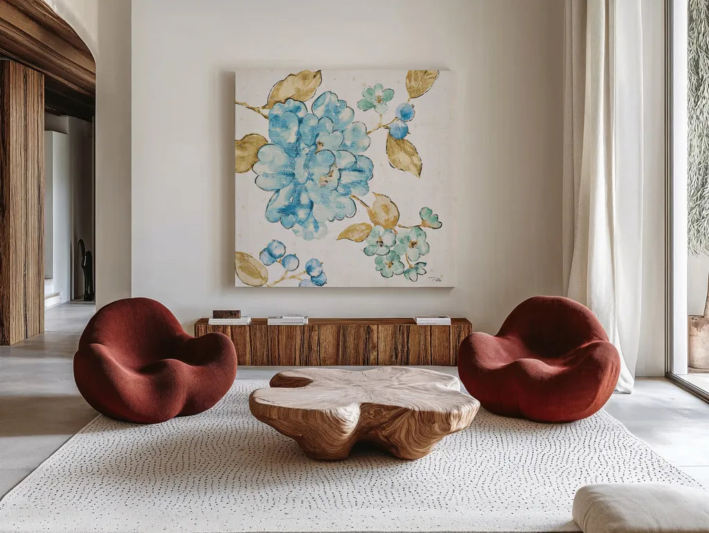 Blue Blossom II by Pela. Shown as extra-large giant wall art in a modern living room. Available as an archival giclee rolled canvas, fine art paper, or poster print. SKU 29960a.