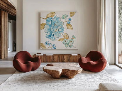 Blue Blossom II by Pela. Shown as extra-large giant wall art in a modern living room. Available as an archival giclee rolled canvas, fine art paper, or poster print. SKU 29960a.