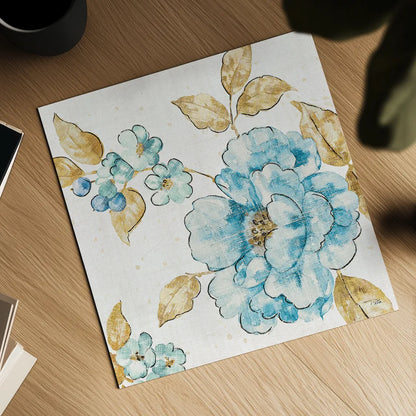 Blue Blossom III by Pela. Shown as a detailed flat fine art print, highlighting archival giclee quality. Available as an archival giclee rolled canvas, fine art paper, or poster print. SKU 29961a.