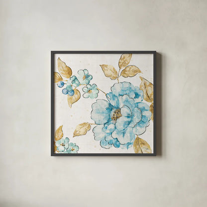 Blue Blossom III by Pela. Shown in a sleek black glass frame for a contemporary gallery look. Available as an archival giclee rolled canvas, fine art paper, or poster print. SKU 29961a.