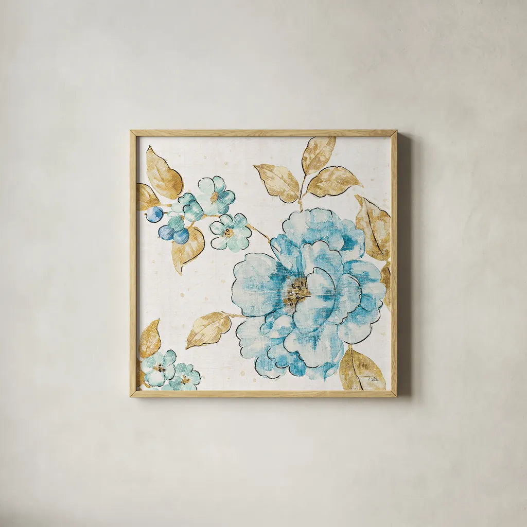 Blue Blossom III by Pela. Shown in a natural wood glass frame for a timeless modern aesthetic. Available as an archival giclee rolled canvas, fine art paper, or poster print. SKU 29961a.