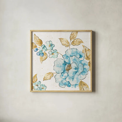Blue Blossom III by Pela. Shown in a natural wood glass frame for a timeless modern aesthetic. Available as an archival giclee rolled canvas, fine art paper, or poster print. SKU 29961a.