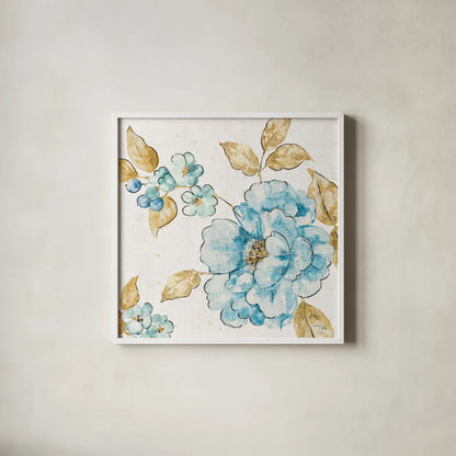 Blue Blossom III by Pela. Shown in a crisp white glass frame for a clean and minimalist style. Available as an archival giclee rolled canvas, fine art paper, or poster print. SKU 29961a.