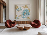 Blue Blossom III by Pela. Shown as extra-large giant wall art in a modern living room. Available as an archival giclee rolled canvas, fine art paper, or poster print. SKU 29961a.