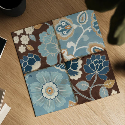 Blue Patchwork Motiff II by Pela. Shown as a detailed flat fine art print, highlighting archival giclee quality. Available as an archival giclee rolled canvas, fine art paper, or poster print. SKU 2708a.