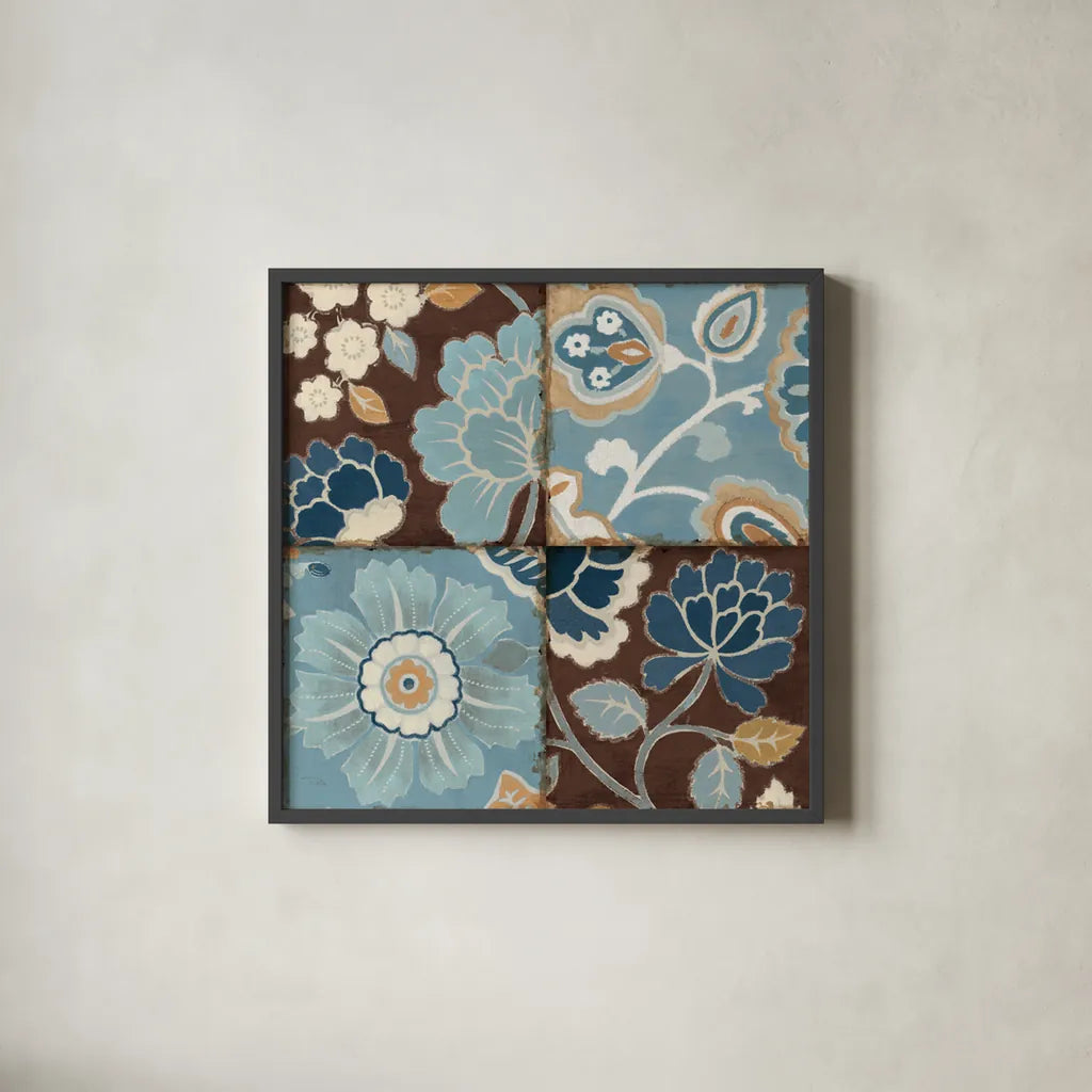 Blue Patchwork Motiff II by Pela. Shown in a sleek black glass frame for a contemporary gallery look. Available as an archival giclee rolled canvas, fine art paper, or poster print. SKU 2708a.
