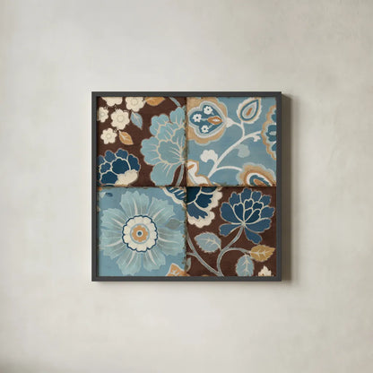 Blue Patchwork Motiff II by Pela. Shown in a sleek black glass frame for a contemporary gallery look. Available as an archival giclee rolled canvas, fine art paper, or poster print. SKU 2708a.