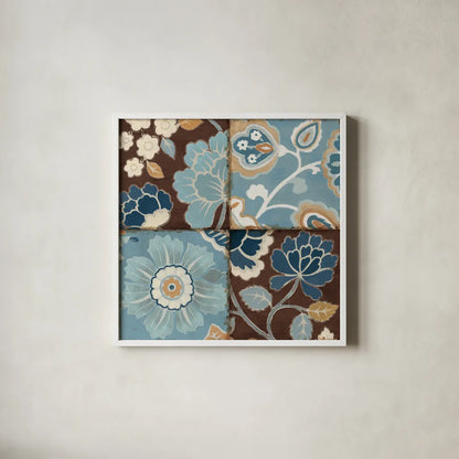 Blue Patchwork Motiff II by Pela. Shown in a crisp white glass frame for a clean and minimalist style. Available as an archival giclee rolled canvas, fine art paper, or poster print. SKU 2708a.