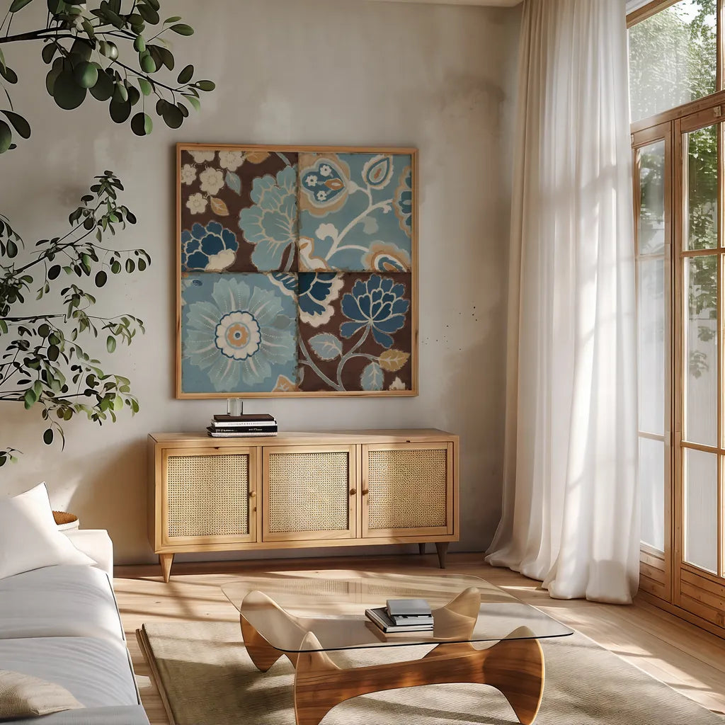 Blue Patchwork Motiff II by Pela. Shown in a natural wood frame in a cozy modern living room. Available as an archival giclee rolled canvas, fine art paper, or poster print. SKU 2708a.