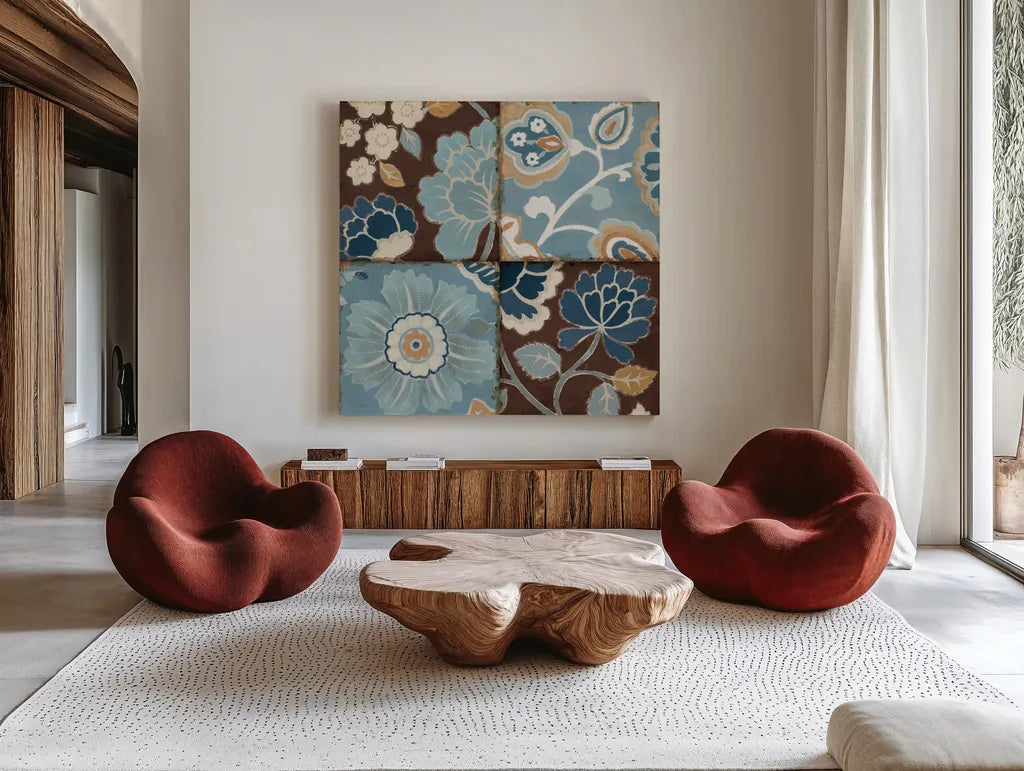Blue Patchwork Motiff II by Pela. Shown as extra-large giant wall art in a modern living room. Available as an archival giclee rolled canvas, fine art paper, or poster print. SKU 2708a.