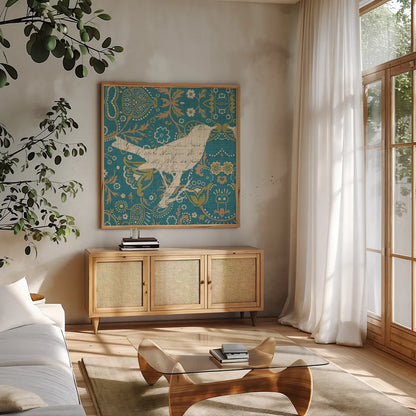 Bohemian Nature I by Pela. Shown in a natural wood frame in a cozy modern living room. Available as an archival giclee rolled canvas, fine art paper, or poster print. SKU 13941a.