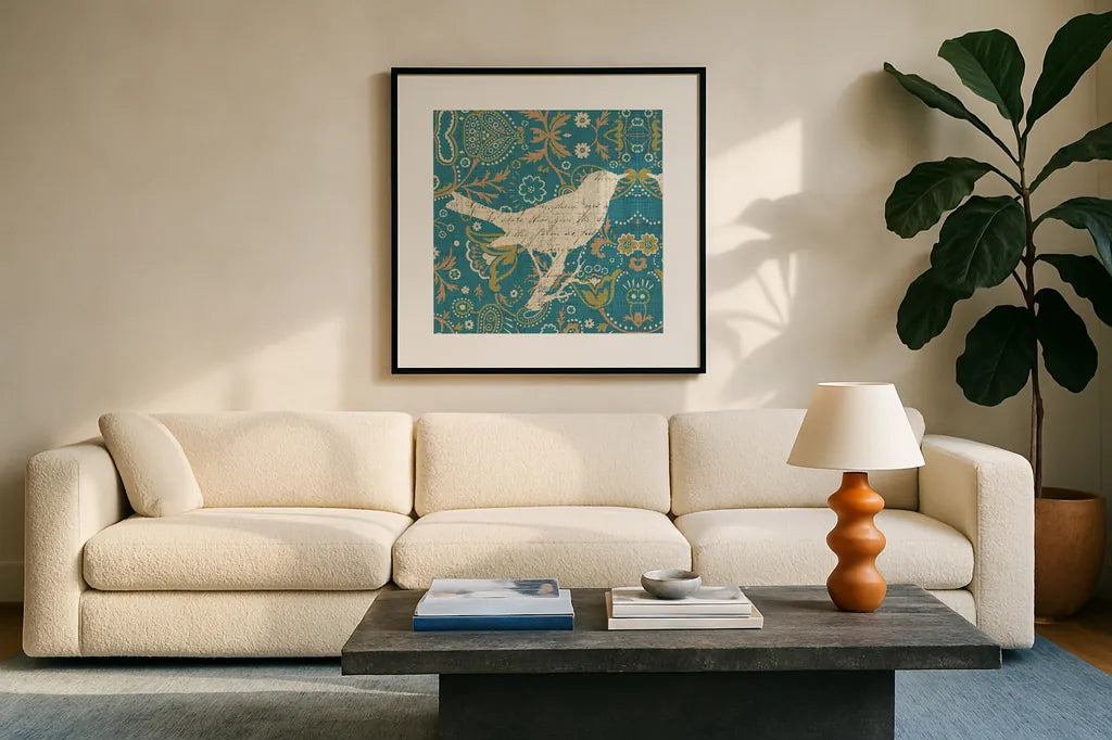 Bohemian Nature I by Pela. Displayed in a glass frame with matte in a clean modern living room. Available as an archival giclee rolled canvas, fine art paper, or poster print. SKU 13941a.