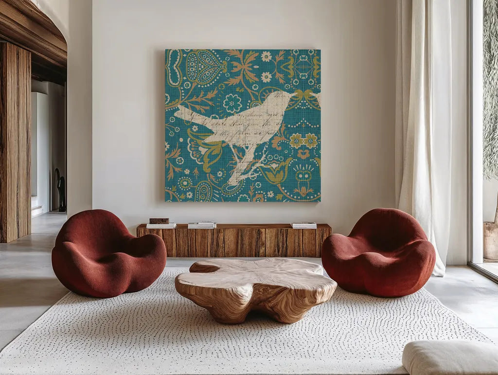 Bohemian Nature I by Pela. Shown as extra-large giant wall art in a modern living room. Available as an archival giclee rolled canvas, fine art paper, or poster print. SKU 13941a.
