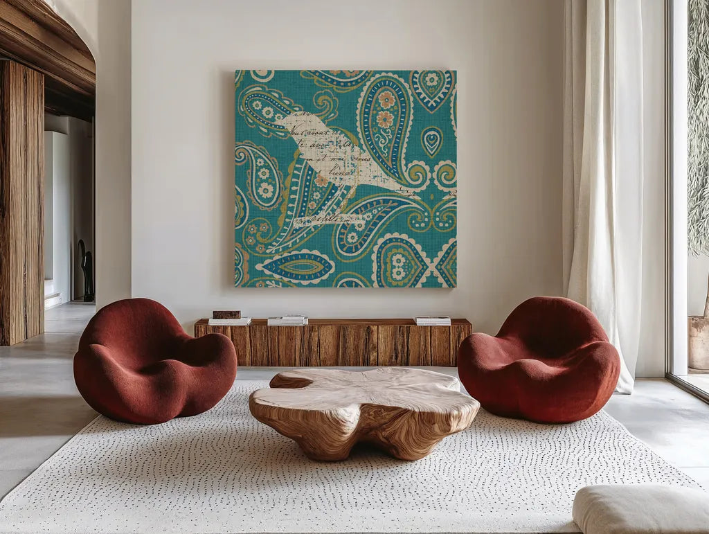 Bohemian Nature II by Pela. Shown as extra-large giant wall art in a modern living room. Available as an archival giclee rolled canvas, fine art paper, or poster print. SKU 11506a.