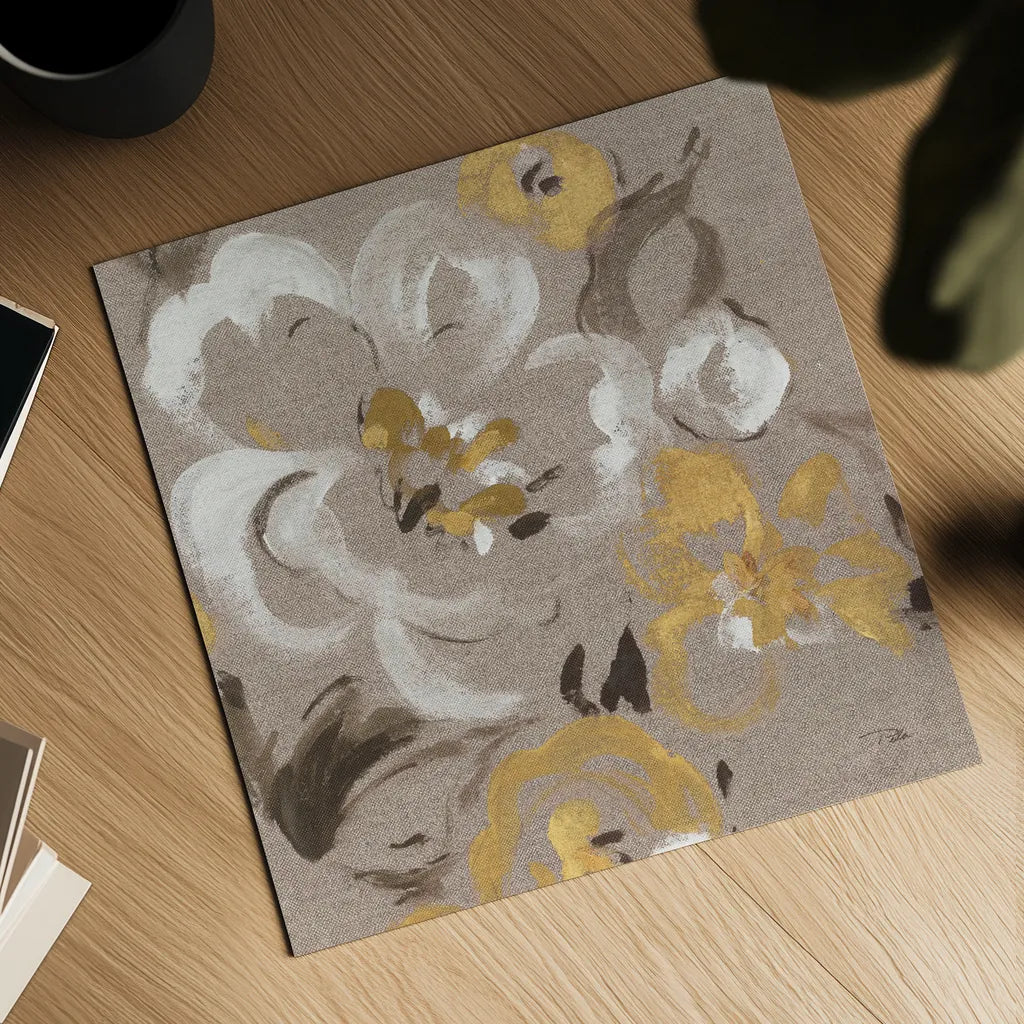 Brushed Petals II Gold by Pela. Shown as a detailed flat fine art print, highlighting archival giclee quality. Available as an archival giclee rolled canvas, fine art paper, or poster print. SKU 17325a.