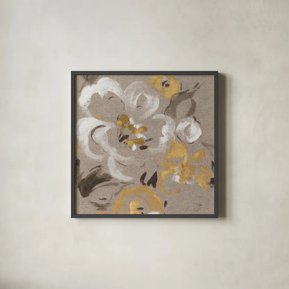 Brushed Petals II Gold by Pela. Shown in a sleek black glass frame for a contemporary gallery look. Available as an archival giclee rolled canvas, fine art paper, or poster print. SKU 17325a.