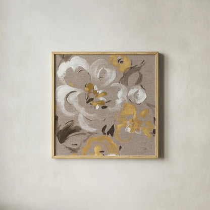 Brushed Petals II Gold by Pela. Shown in a natural wood glass frame for a timeless modern aesthetic. Available as an archival giclee rolled canvas, fine art paper, or poster print. SKU 17325a.