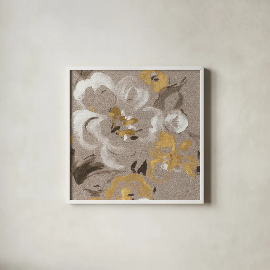 Brushed Petals II Gold by Pela. Shown in a crisp white glass frame for a clean and minimalist style. Available as an archival giclee rolled canvas, fine art paper, or poster print. SKU 17325a.