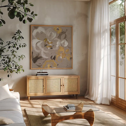 Brushed Petals II Gold by Pela. Shown in a natural wood frame in a cozy modern living room. Available as an archival giclee rolled canvas, fine art paper, or poster print. SKU 17325a.