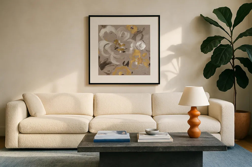 Brushed Petals II Gold by Pela. Displayed in a glass frame with matte in a clean modern living room. Available as an archival giclee rolled canvas, fine art paper, or poster print. SKU 17325a.