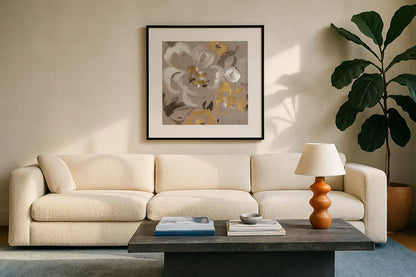 Brushed Petals II Gold by Pela. Displayed in a glass frame with matte in a clean modern living room. Available as an archival giclee rolled canvas, fine art paper, or poster print. SKU 17325a.