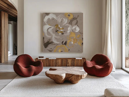 Brushed Petals II Gold by Pela. Shown as extra-large giant wall art in a modern living room. Available as an archival giclee rolled canvas, fine art paper, or poster print. SKU 17325a.