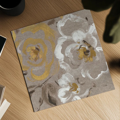 Brushed Petals III Gold by Pela. Shown as a detailed flat fine art print, highlighting archival giclee quality. Available as an archival giclee rolled canvas, fine art paper, or poster print. SKU 17326a.