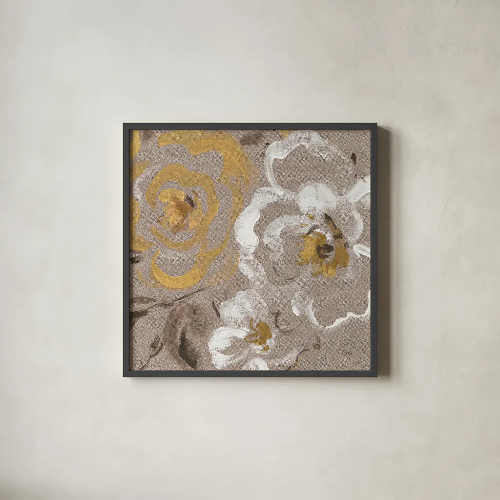 Brushed Petals III Gold by Pela. Shown in a sleek black glass frame for a contemporary gallery look. Available as an archival giclee rolled canvas, fine art paper, or poster print. SKU 17326a.