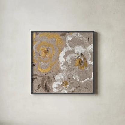 Brushed Petals III Gold by Pela. Shown in a sleek black glass frame for a contemporary gallery look. Available as an archival giclee rolled canvas, fine art paper, or poster print. SKU 17326a.