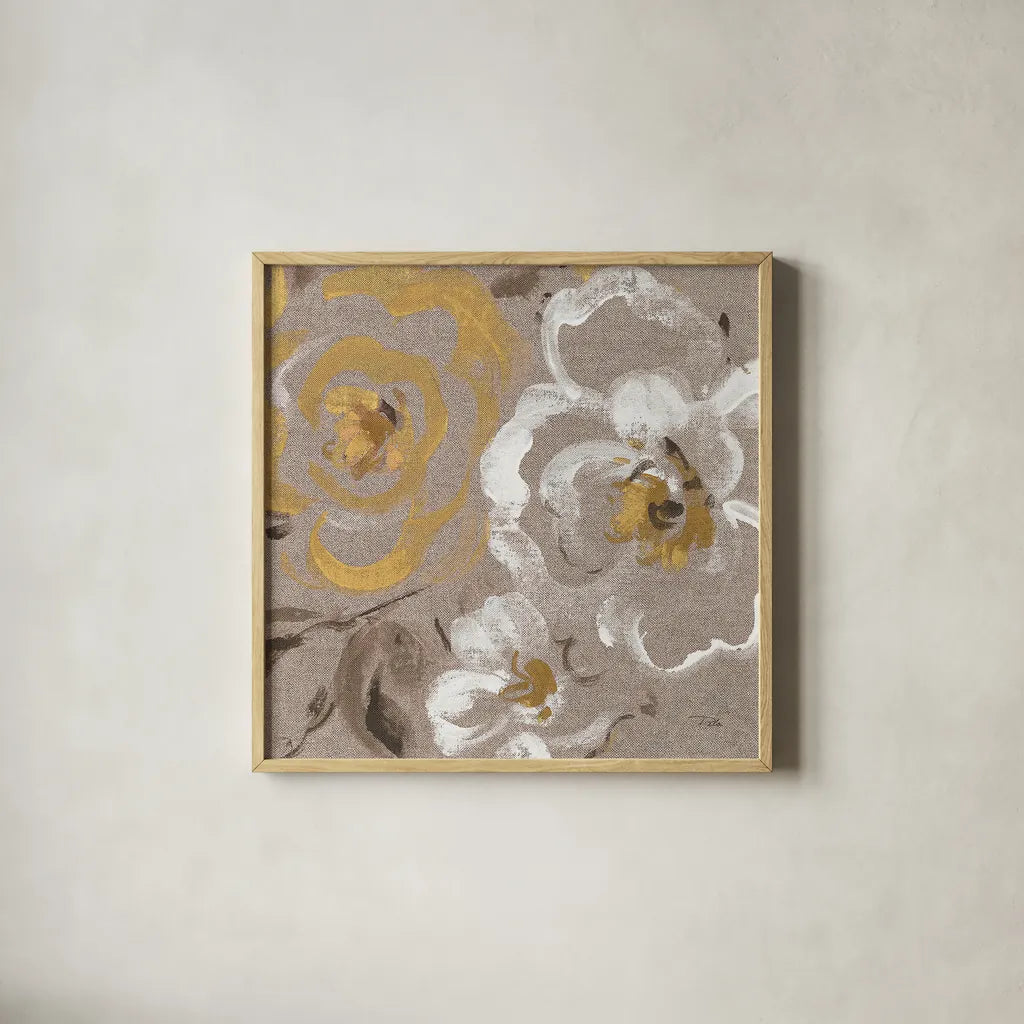 Brushed Petals III Gold by Pela. Shown in a natural wood glass frame for a timeless modern aesthetic. Available as an archival giclee rolled canvas, fine art paper, or poster print. SKU 17326a.