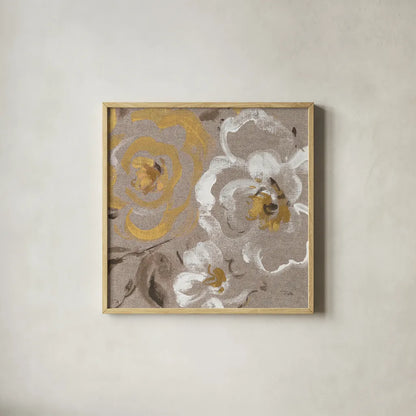 Brushed Petals III Gold by Pela. Shown in a natural wood glass frame for a timeless modern aesthetic. Available as an archival giclee rolled canvas, fine art paper, or poster print. SKU 17326a.