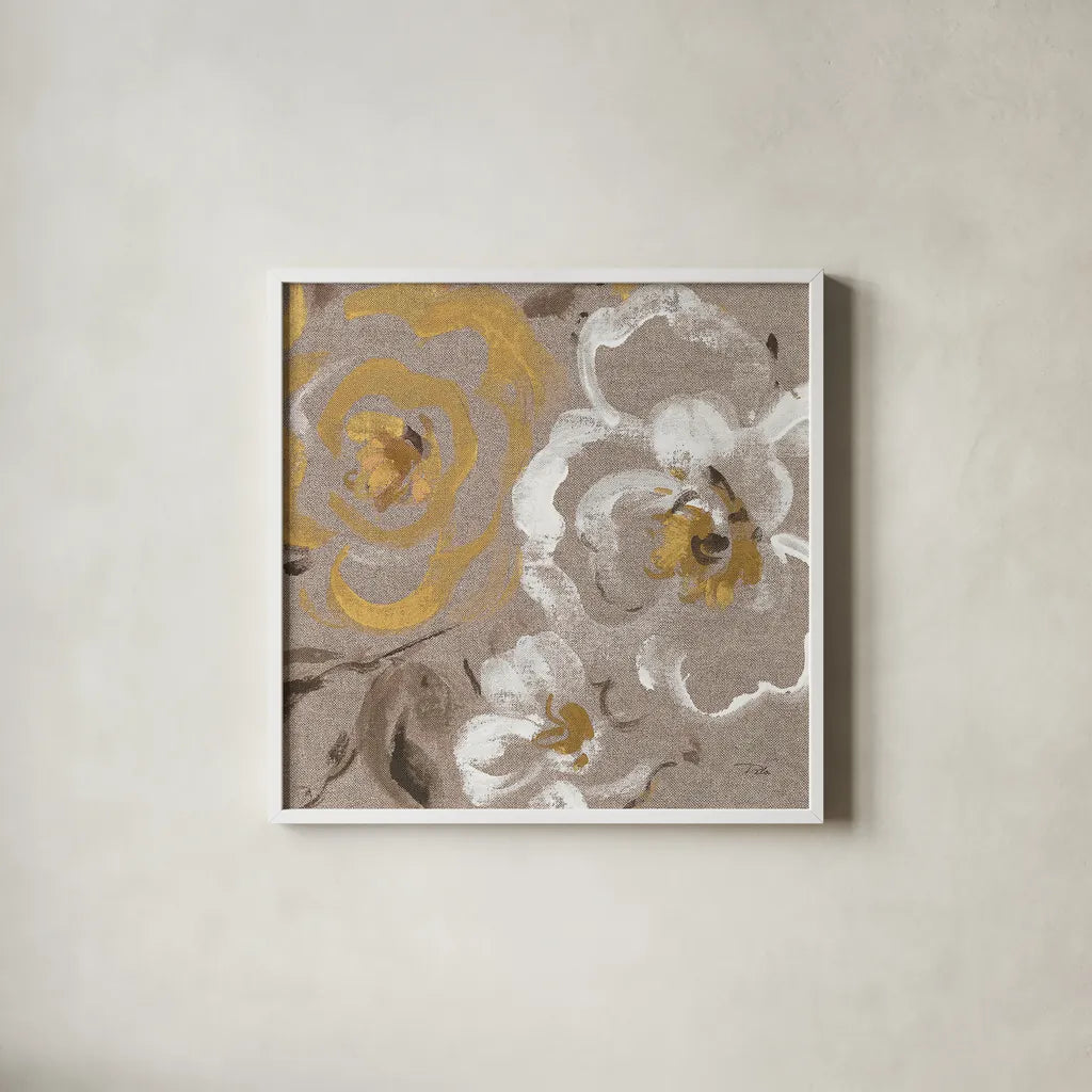 Brushed Petals III Gold by Pela. Shown in a crisp white glass frame for a clean and minimalist style. Available as an archival giclee rolled canvas, fine art paper, or poster print. SKU 17326a.