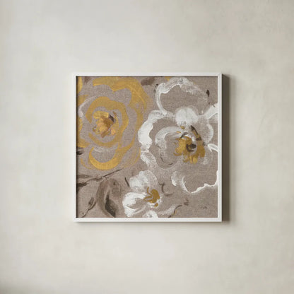 Brushed Petals III Gold by Pela. Shown in a crisp white glass frame for a clean and minimalist style. Available as an archival giclee rolled canvas, fine art paper, or poster print. SKU 17326a.